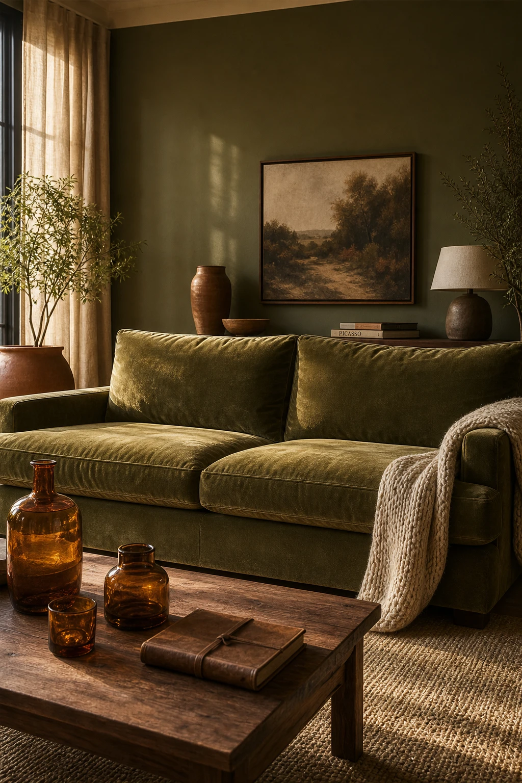 Cozy living room with an olive green velvet sofa as the focal point, warm brass accents, textured cushions, and Farrow and Ball Treron painted walls