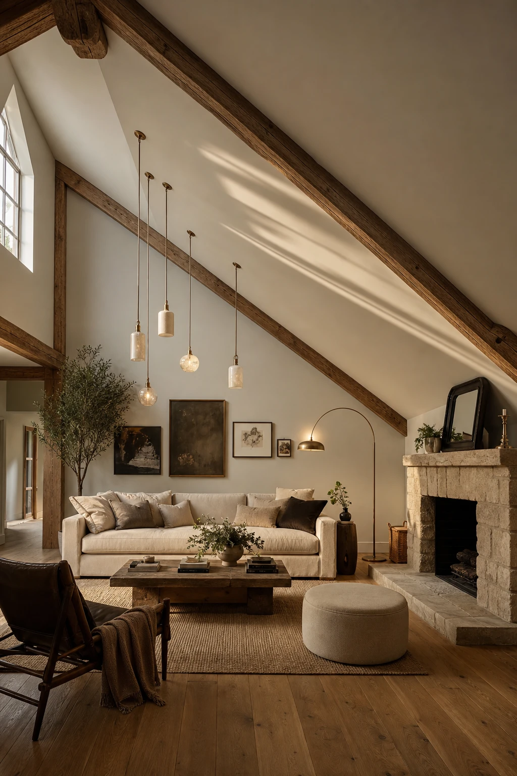 Cozy living room with asymmetrical vaulted ceiling, one steep pitched side and one low sloping side, warm neutral walls, exposed timber beams, deep sofa