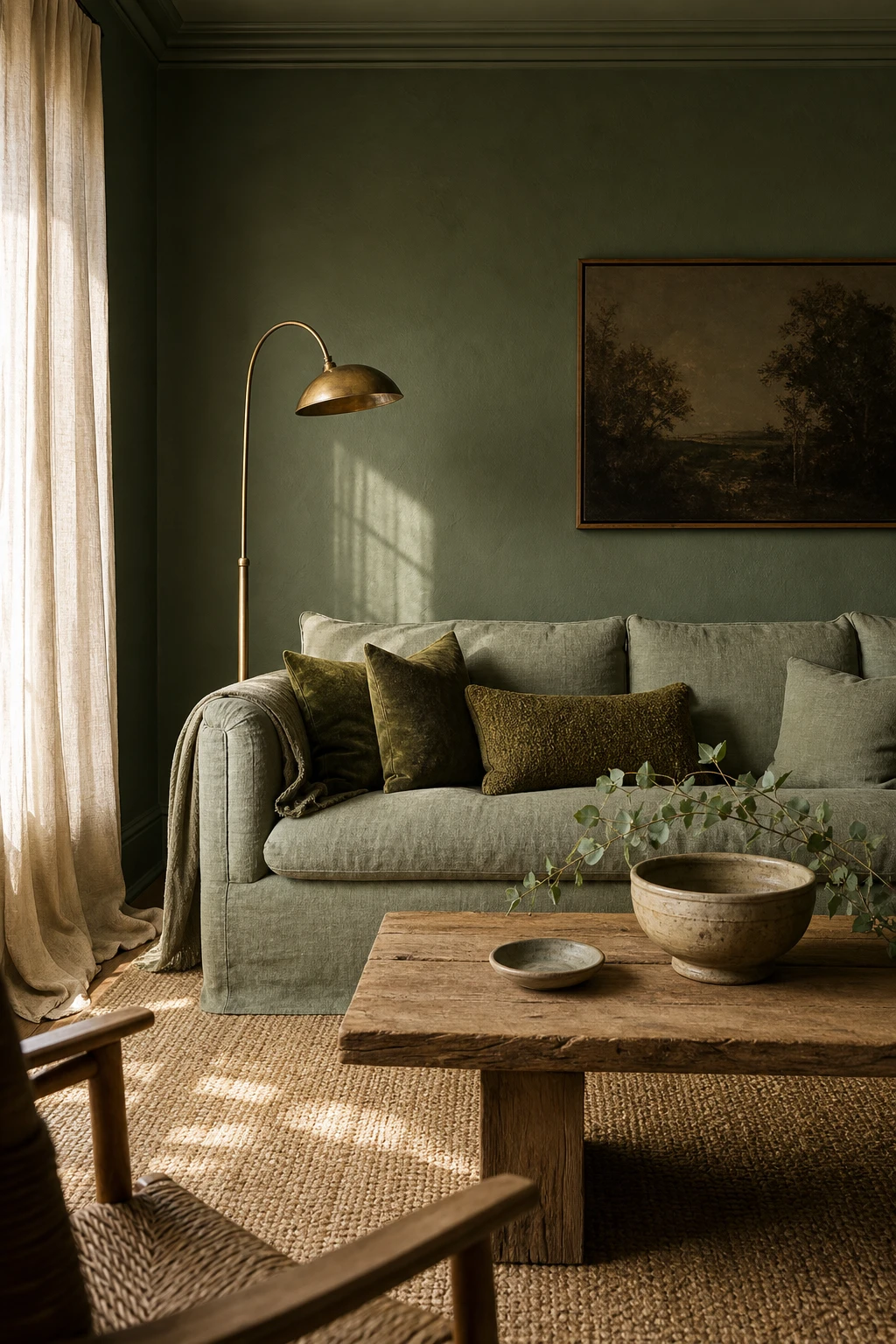 Cozy living room with tonal green walls and a green sofa layered in varied shades of sage, forest and olive with warm natural light