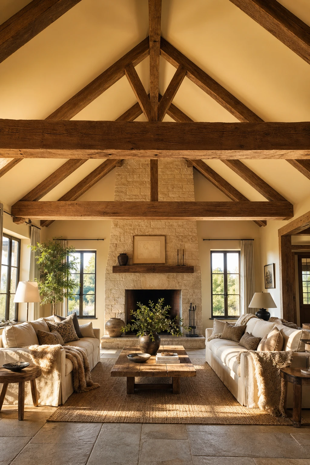 Cozy living room with vaulted ceiling and exposed wooden beams painted Farrow and Ball Cord, warm afternoon light, stone fireplace and plush seating below