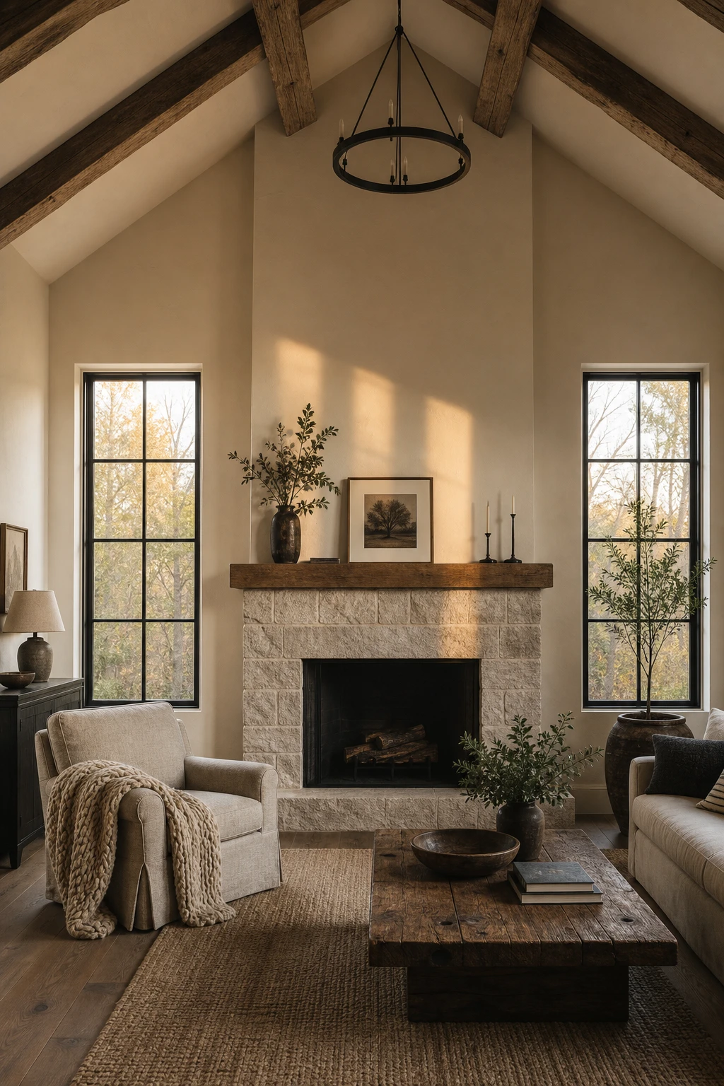 Cozy living room with vaulted ceiling and flanking windows beside a fireplace painted in Farrow and Ball Pointing warm white