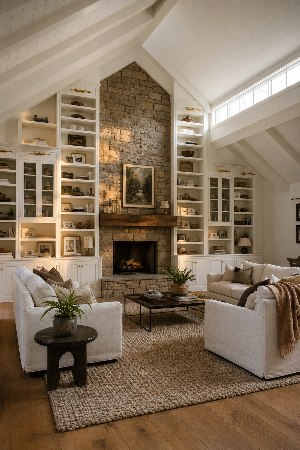 Cozy living room with vaulted ceiling and floor to ceiling built in shelving painted Strong White flanked by a stone fireplace and warm ambient lighting