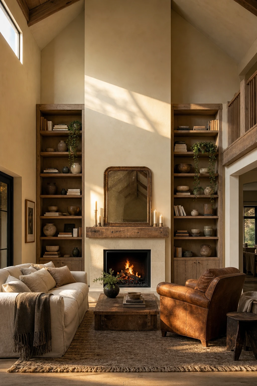 Cozy living room with vaulted ceiling and full height fireplace wall painted Farrow & Ball Tallow, flanked by built in shelving and warm ambient lighting