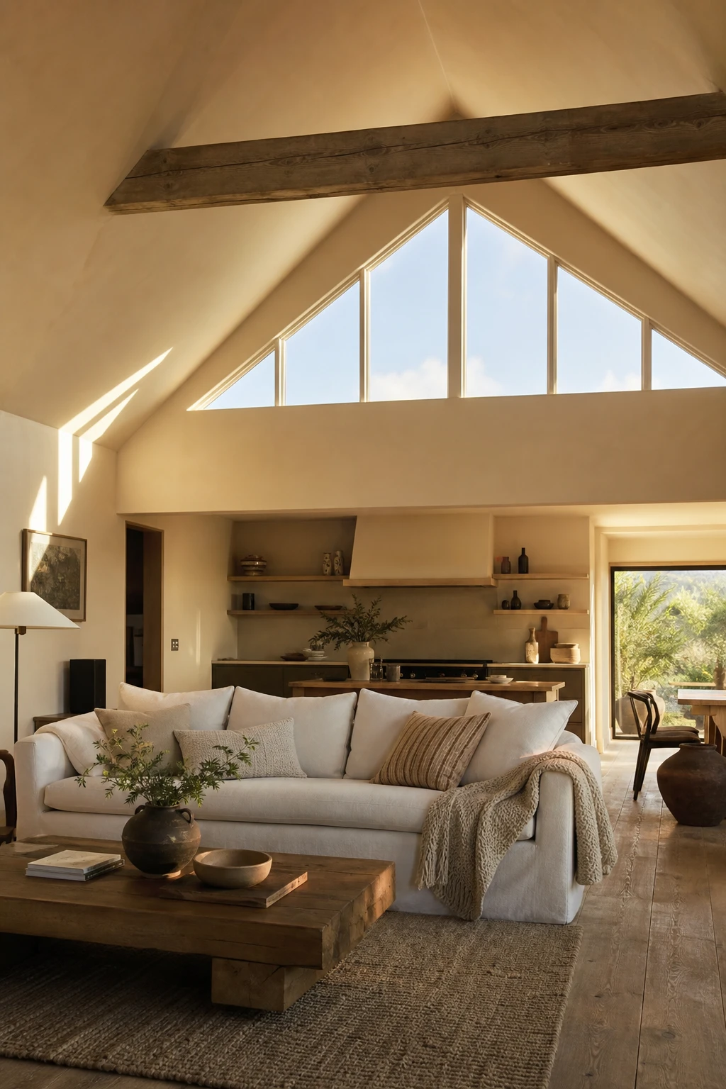 Cozy living room with vaulted ceiling and high clerestory windows flooding warm afternoon light onto Farrow and Ball Skimming Stone walls