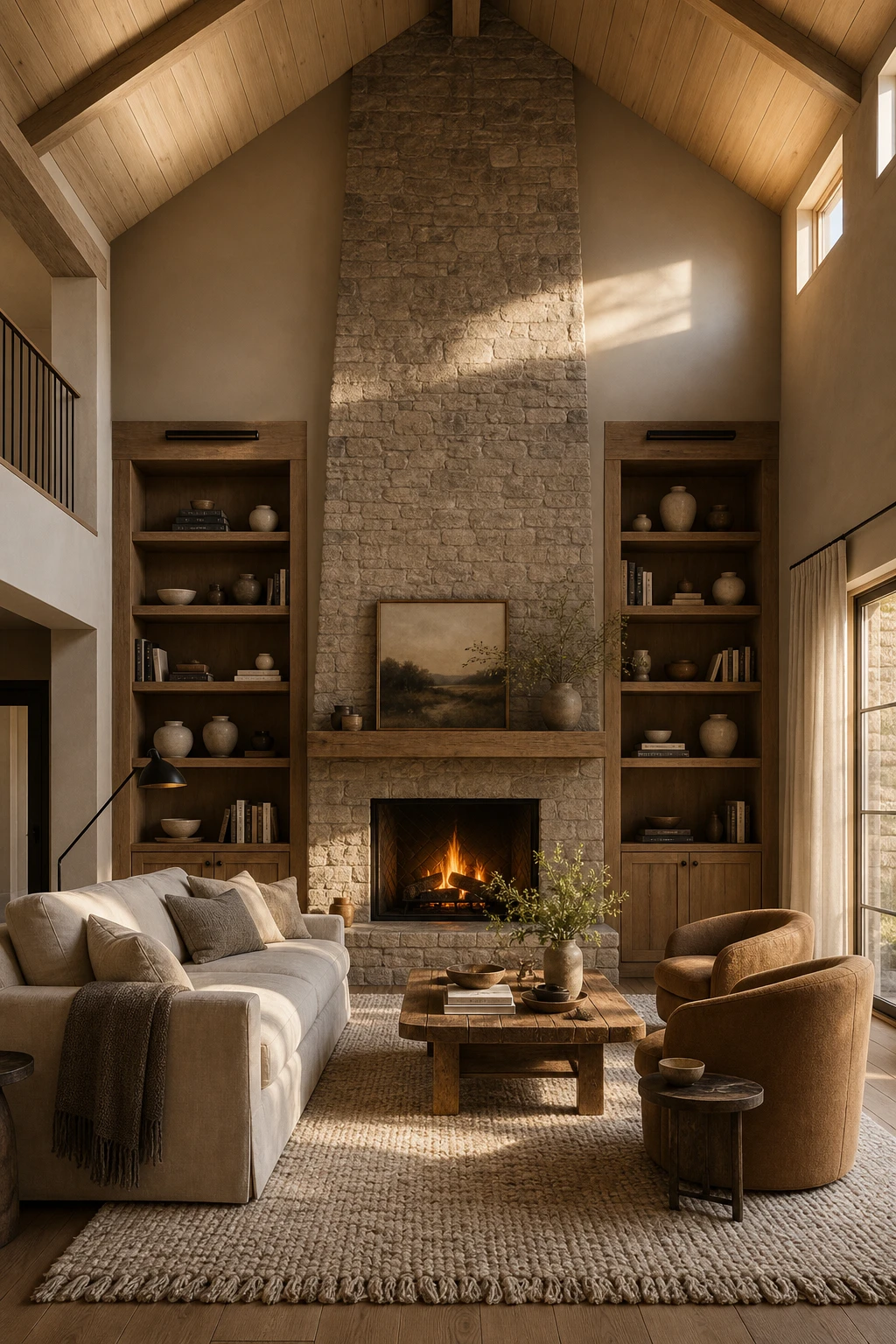 Cozy living room with vaulted ceiling and soaring fireplace wall painted Farrow & Ball Drop Cloth, featuring stacked stone surround and warm evening light
