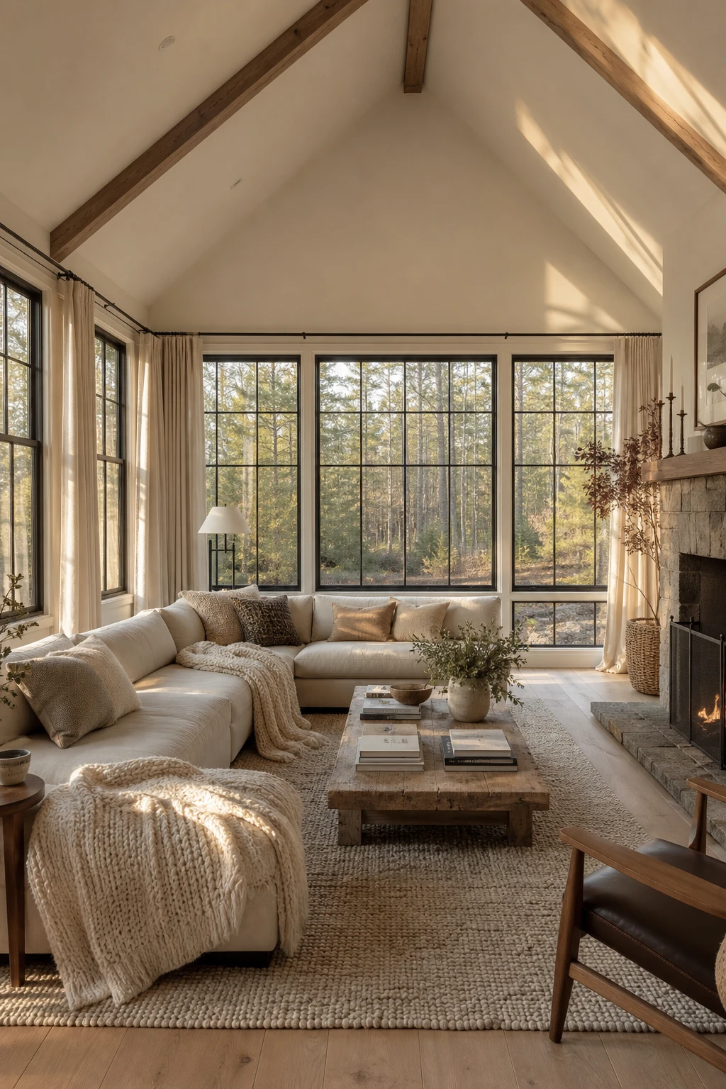 Cozy living room with vaulted ceiling and wraparound windows on three sides painted Farrow and Ball Wimborne White with layered textiles and warm evening light