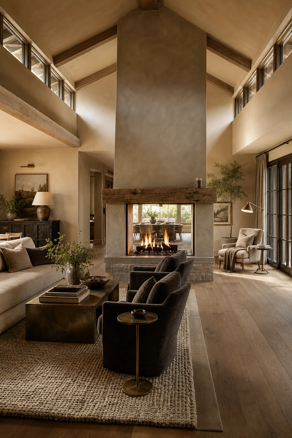 Cozy living room with vaulted ceiling featuring a centered see through fireplace dividing two seating zones, warm neutral walls and natural light