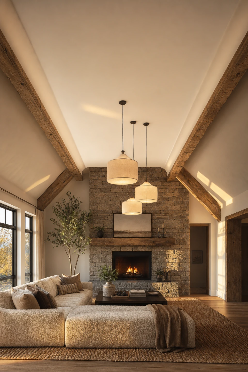 Cozy living room with vaulted ceiling featuring a coved flat center panel painted Hardwick White, warm lamplight, timber beams, and a plush sectional sofa