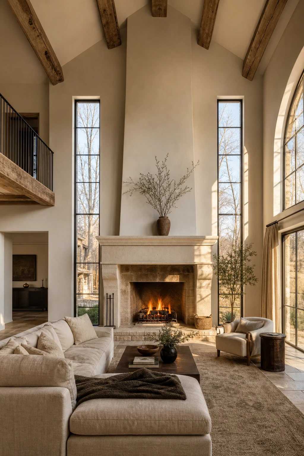 Cozy living room with vaulted ceiling featuring a double height stone fireplace painted Shadow White, warm natural light, plush seating and exposed timber beams