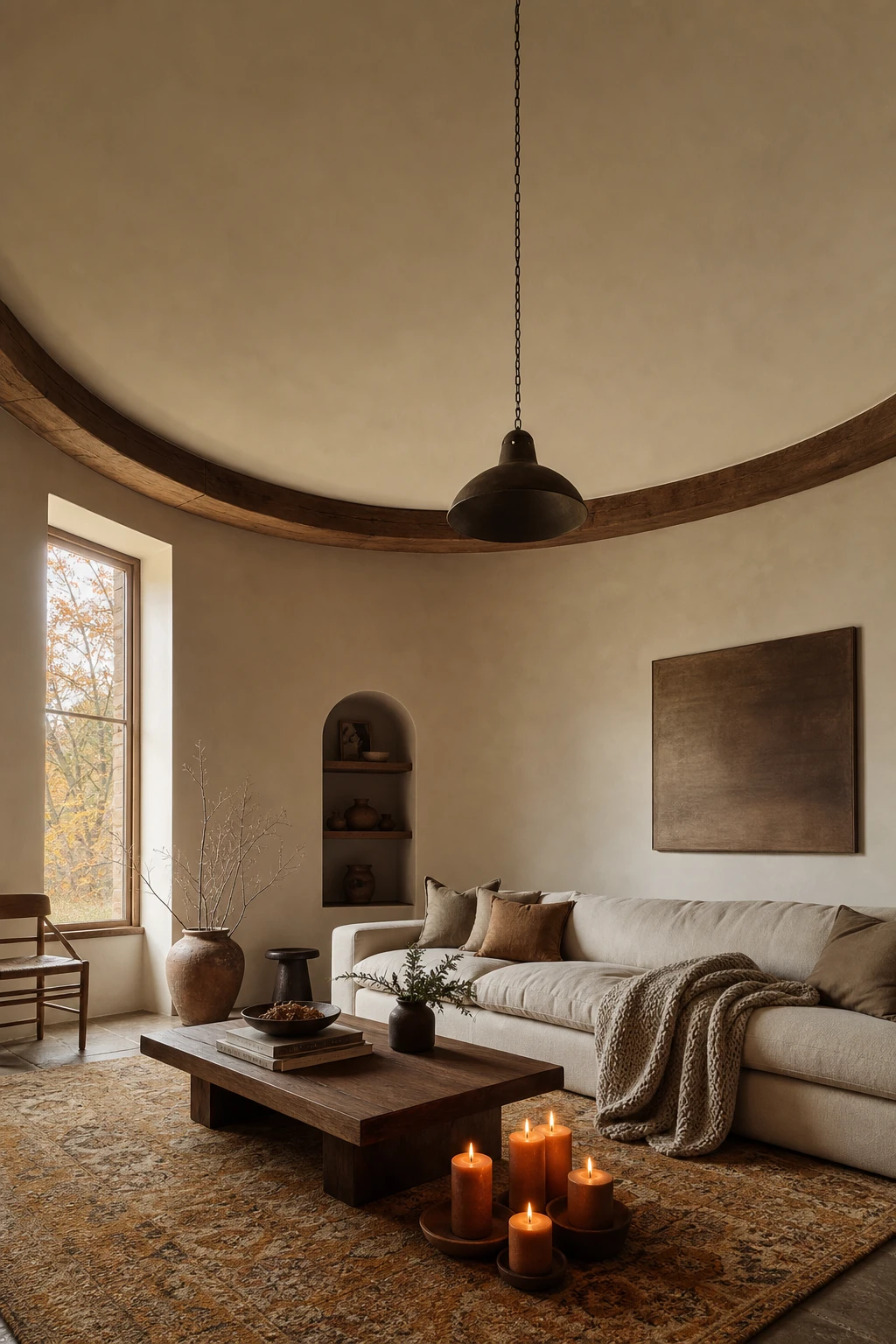 Cozy living room with vaulted ceiling featuring a painted dome ceiling in warm Old White above earthy soft furnishings and natural wood accents