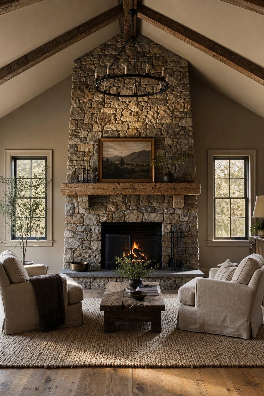 Cozy living room with vaulted ceiling featuring a stone fireplace surround painted in Farrow and Ball Stony Ground warm neutral tones with soft natural light