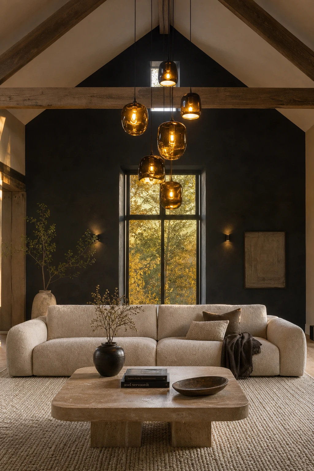 Cozy living room with vaulted ceiling featuring charcoal accent walls painted in Farrow and Ball Off Black with warm lighting and plush furnishings