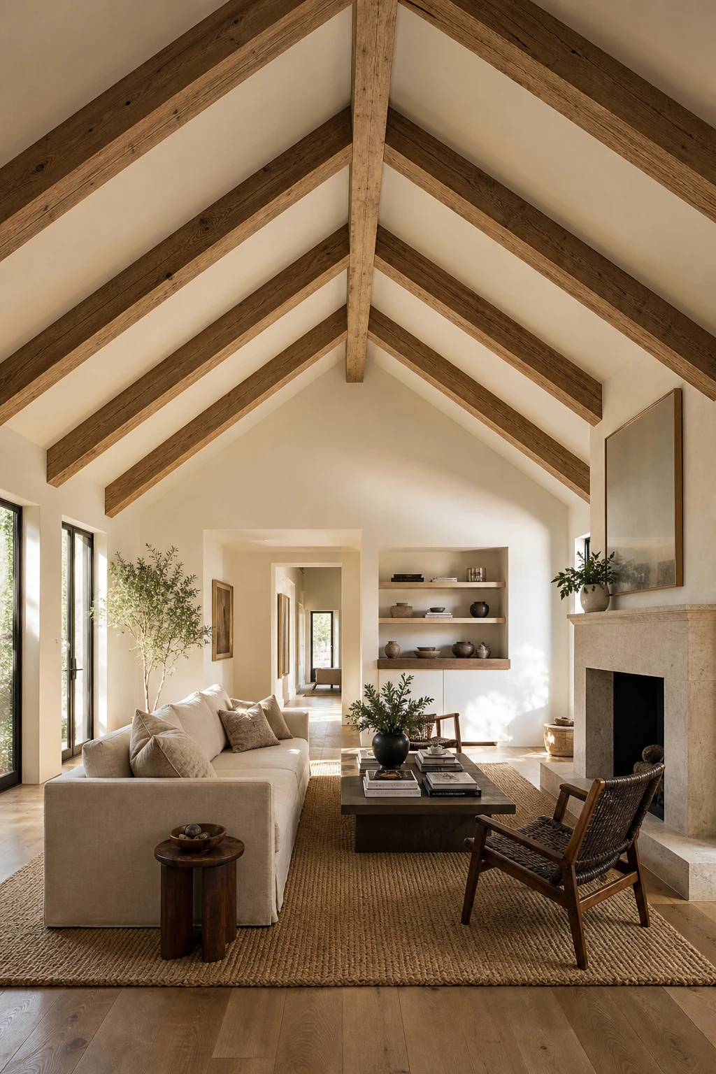 Cozy living room with vaulted ceiling featuring modern wood beams painted in Farrow and Ball New White with clean furniture and warm natural light