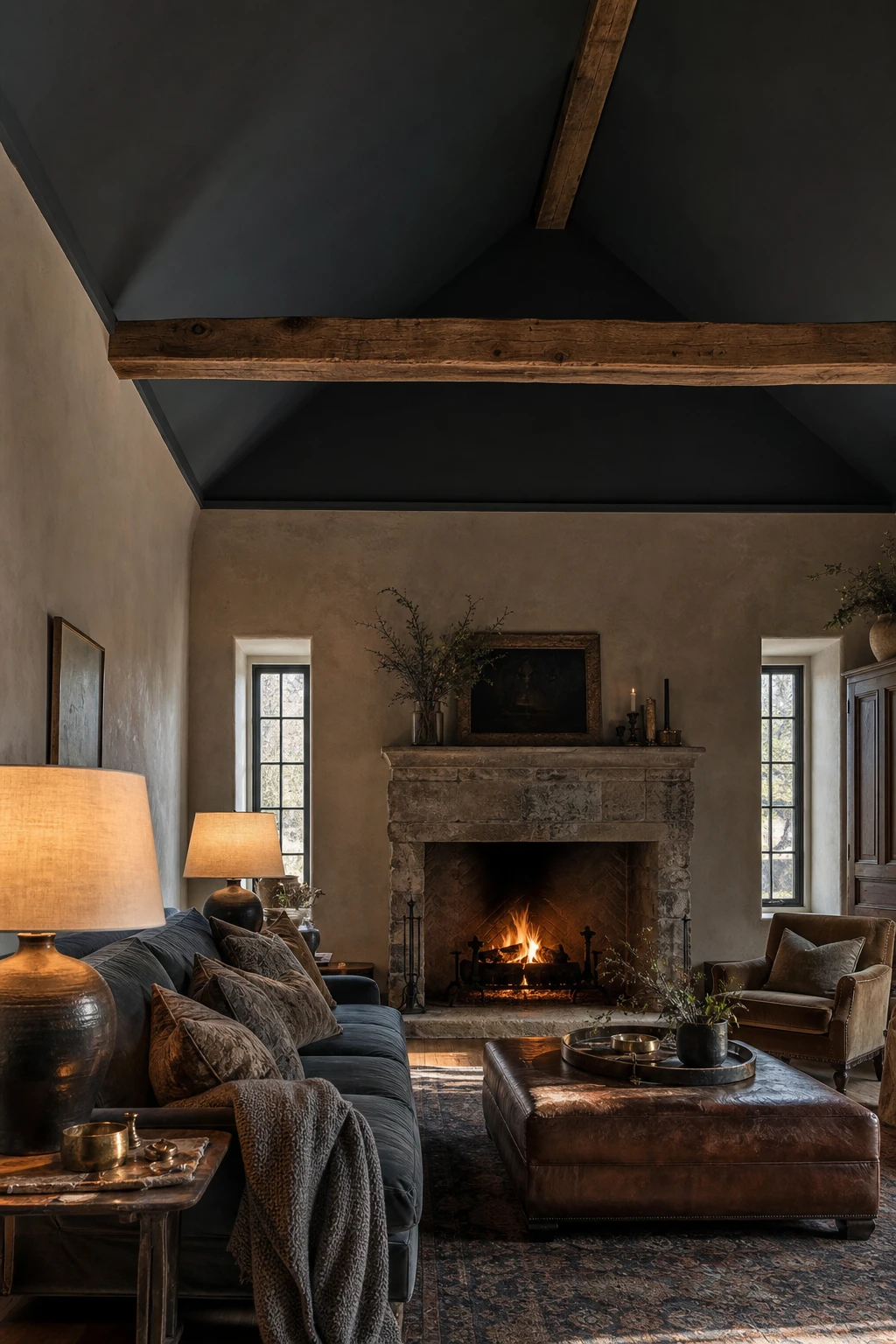 Cozy living room with vaulted ceiling painted dark grey, exposed beams, deep sofa, warm lamplight and stone fireplace creating intimate atmosphere