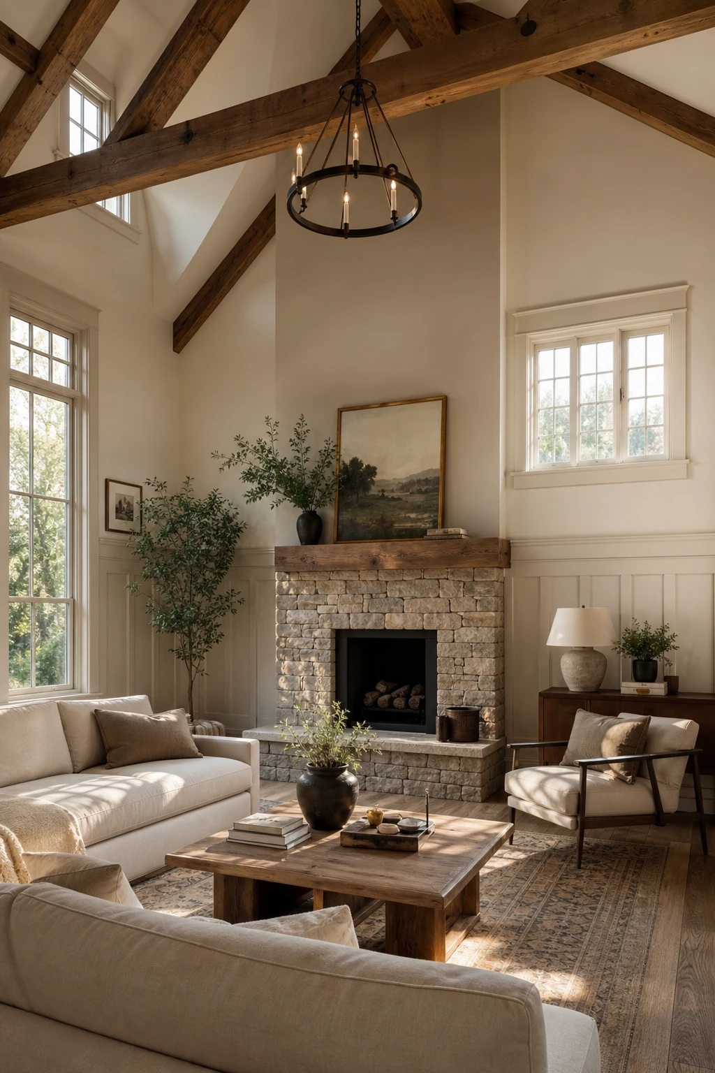 Cozy living room with vaulted ceiling showcasing Craftsman trim details, exposed beams, wainscoting, and Farrow and Ball Bone painted walls in warm natural light