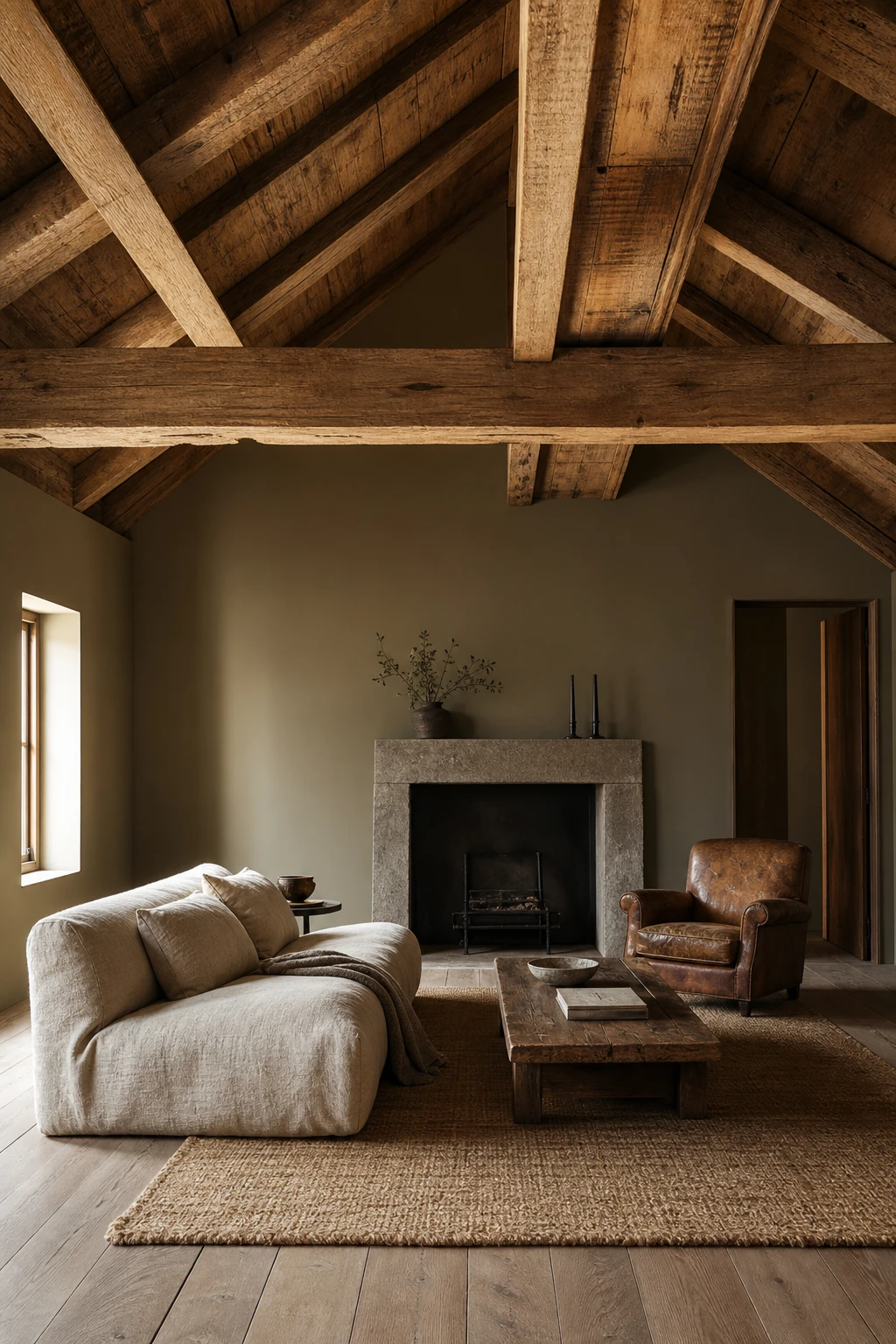 Cozy living room with vaulted rough sawn timber ceiling painted in Farrow and Ball Savage Ground warm neutral tones anchored by simple furnishings and natural light