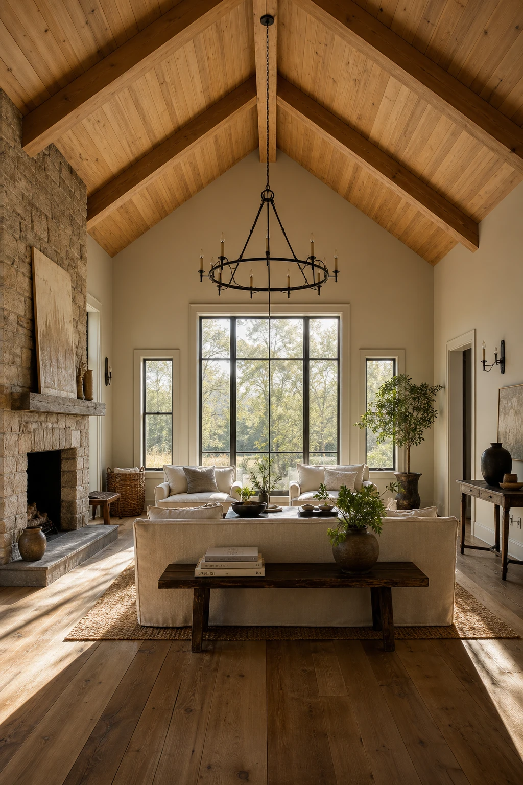 Cozy living room with vaulted tongue and groove wood ceiling painted Farrow and Ball String warm neutral walls and soft natural light