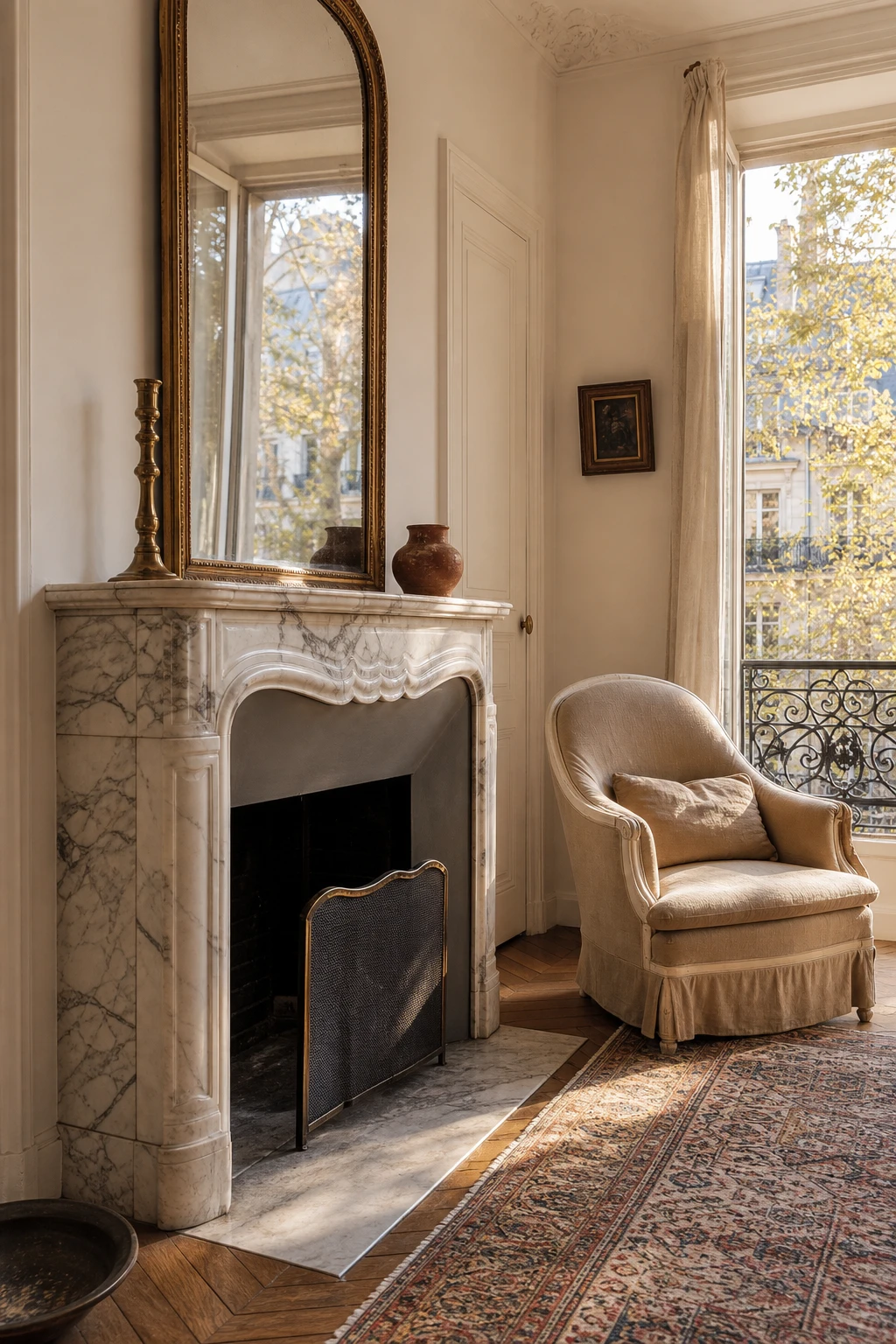 Cozy Parisian living room centered on a marble fireplace with veined surround, upholstered armchair, parquet floor, and Wimborne White walls in warm afternoon light