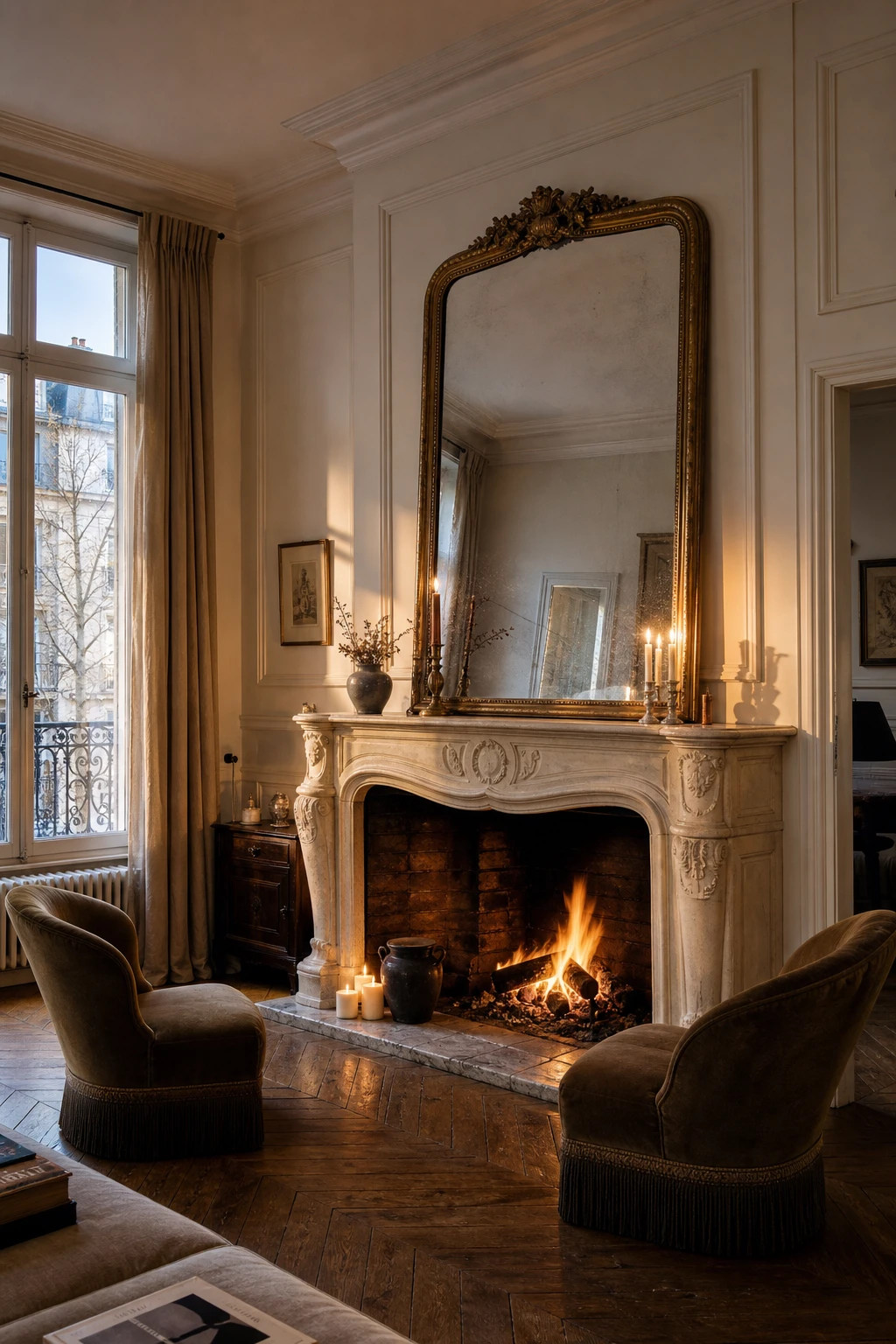 Cozy Parisian living room centered on an ornate carved fireplace painted in warm neutral tones with a marble surround, gilded mirror, and candlelight glow