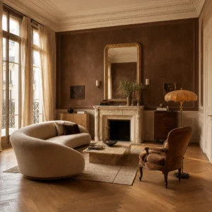 Cozy Parisian living room with herringbone oak floors, a carved marble fireplace, curved linen sofa, stone coffee table, wall mouldings, and tall linen-draped casement windows in warm late afternoon light.