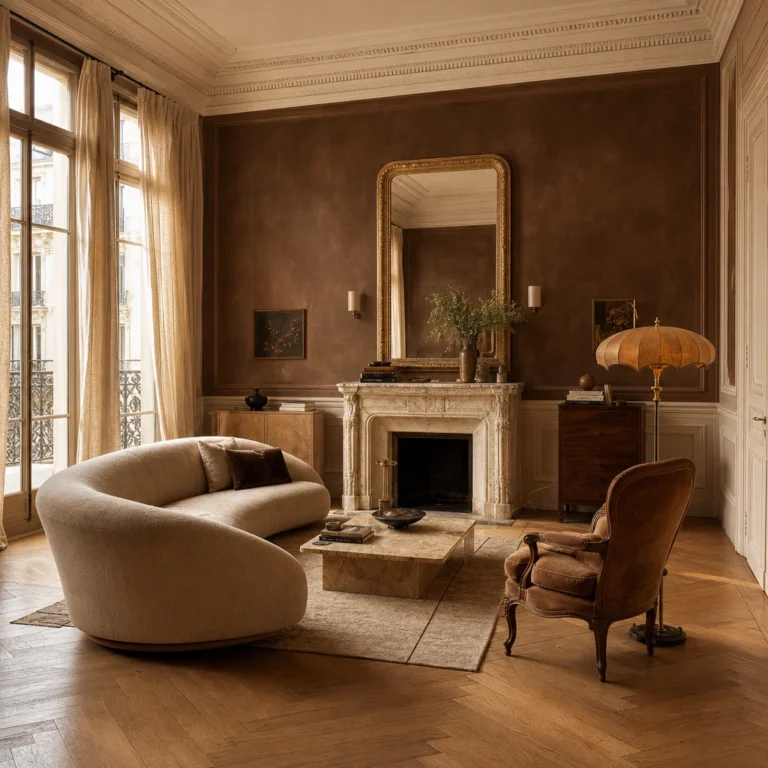 Cozy Parisian living room with herringbone oak floors, a carved marble fireplace, curved linen sofa, stone coffee table, wall mouldings, and tall linen-draped casement windows in warm late afternoon light.