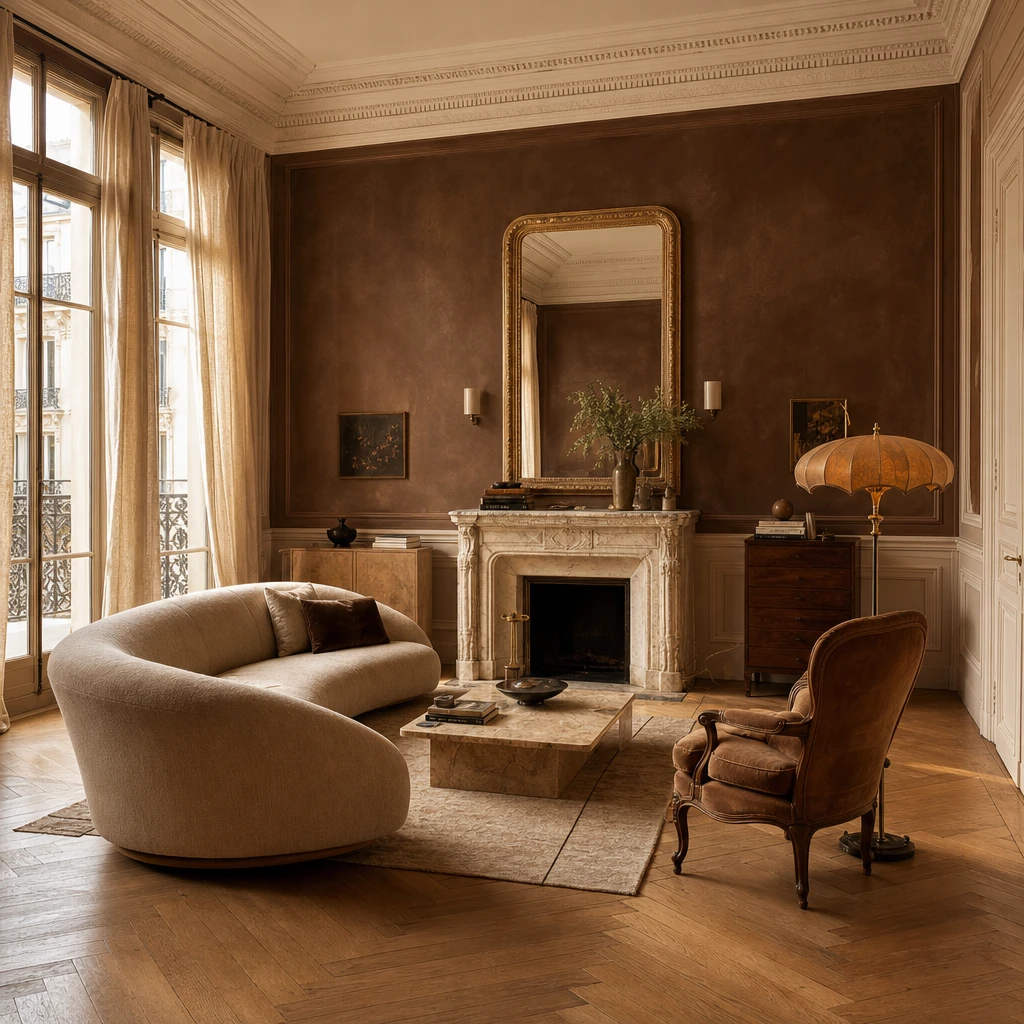 Cozy Parisian living room with herringbone oak floors, a carved marble fireplace, curved linen sofa, stone coffee table, wall mouldings, and tall linen-draped casement windows in warm late afternoon light.