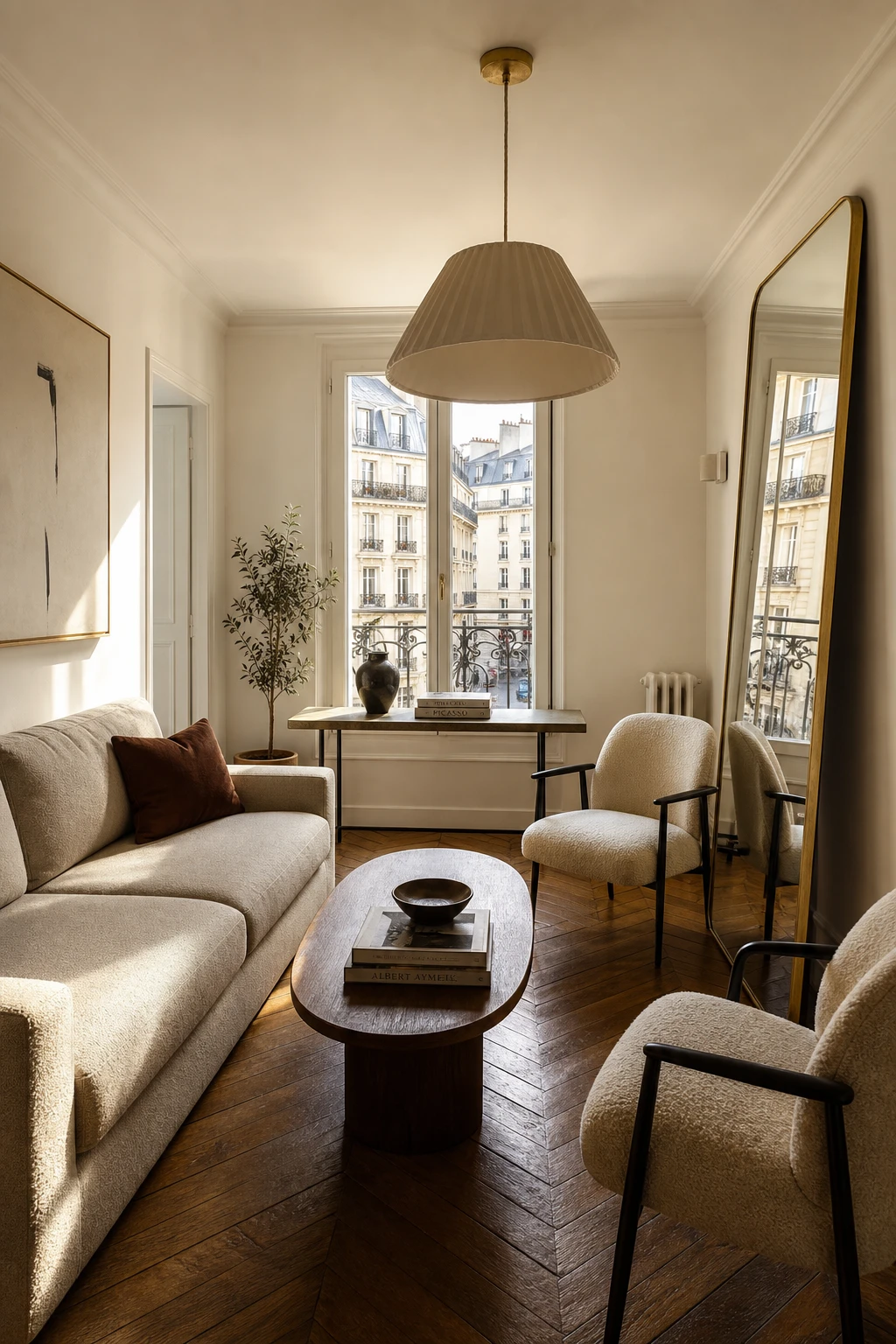 Cozy Parisian living room in a small apartment with scaled furniture, herringbone parquet, tall mirror, and Farrow and Ball Joas White walls bathed in soft afternoon light