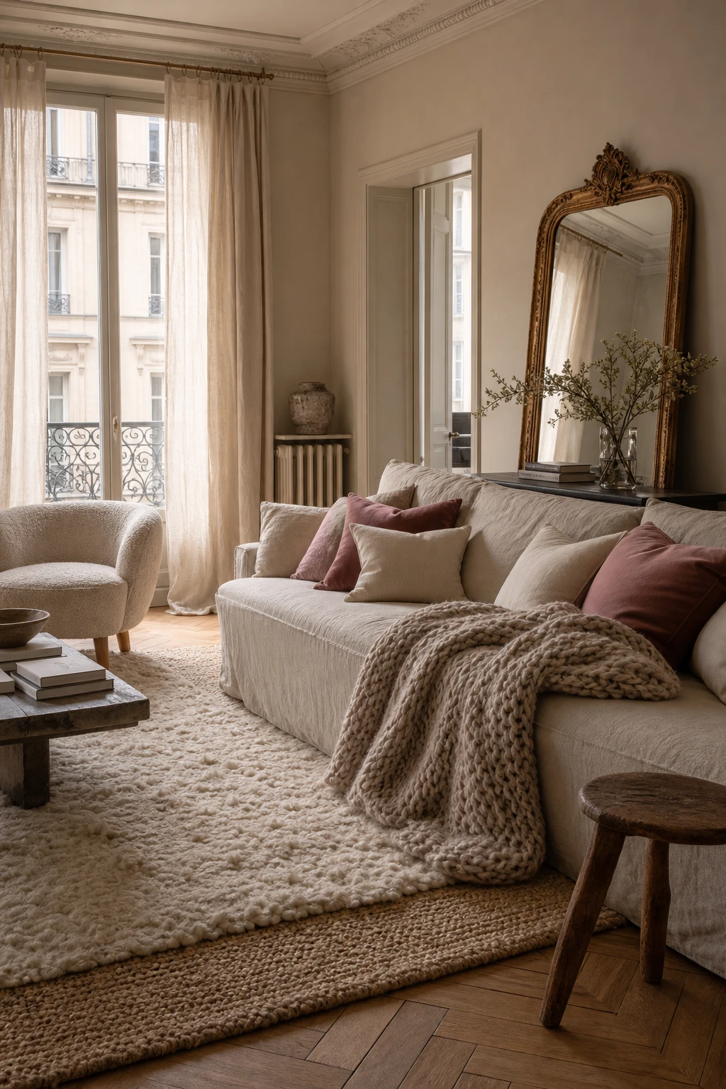 Cozy Parisian living room layered with soft textures including chunky knit throws, velvet cushions, and a wool rug in warm neutral tones