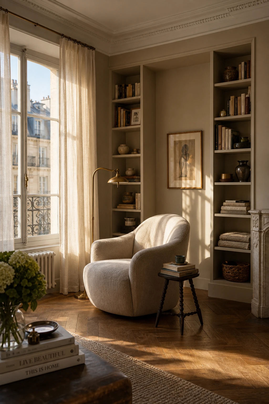 Cozy Parisian living room reading corner with a linen armchair, floor lamp, built in bookshelves and Farrow and Ball Stony Ground walls in warm afternoon light