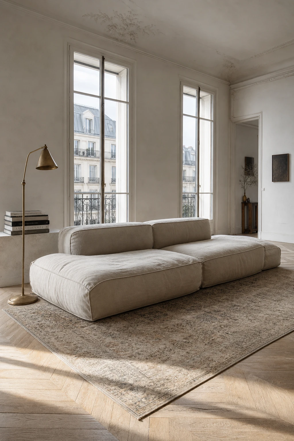 Cozy Parisian living room styled with French minimalism, warm plaster walls in Shaded White, a sculptural sofa, herringbone oak floors and tall casement windows