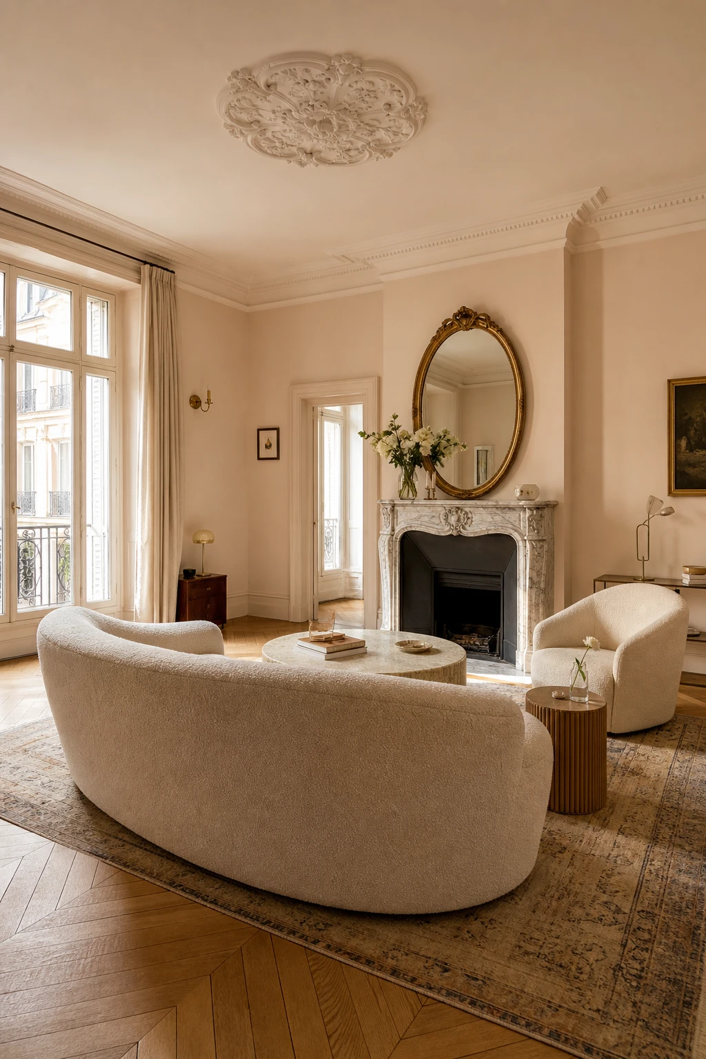Cozy Parisian living room with a curved ivory boucle sofa as the centerpiece, warm afternoon light, herringbone parquet floor, and Slipper Satin walls