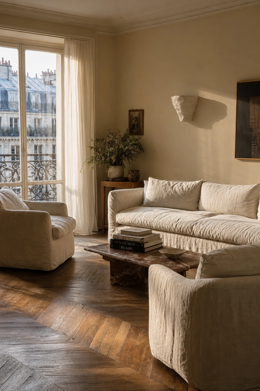 Cozy Parisian living room with a linen upholstered sofa as the hero, warm neutral walls, herringbone parquet floor, and soft afternoon light
