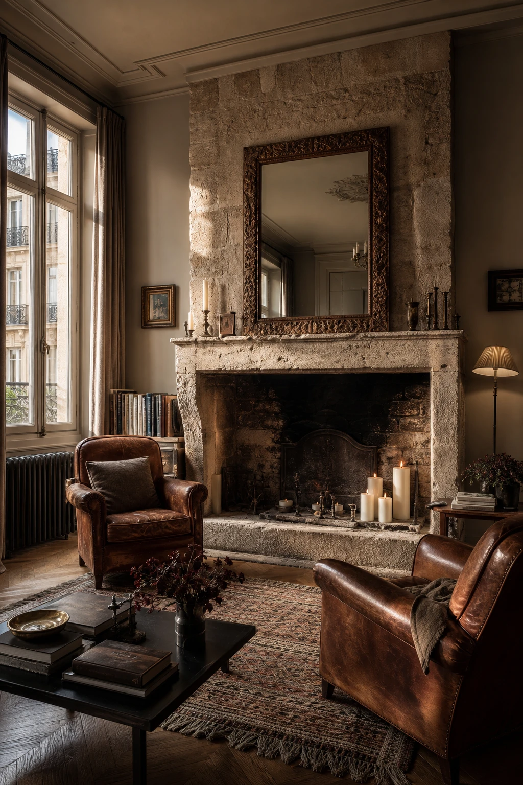 Cozy Parisian living room with a raw stone fireplace as the hero, dressed in warm candlelight and antique accents against Oxford Stone walls