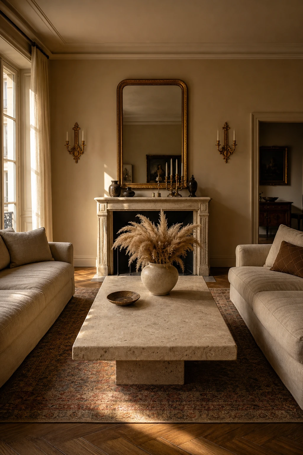 Cozy Parisian living room with a stone coffee table as the centrepiece, warm neutral walls, linen sofas, parquet floor, and soft afternoon light