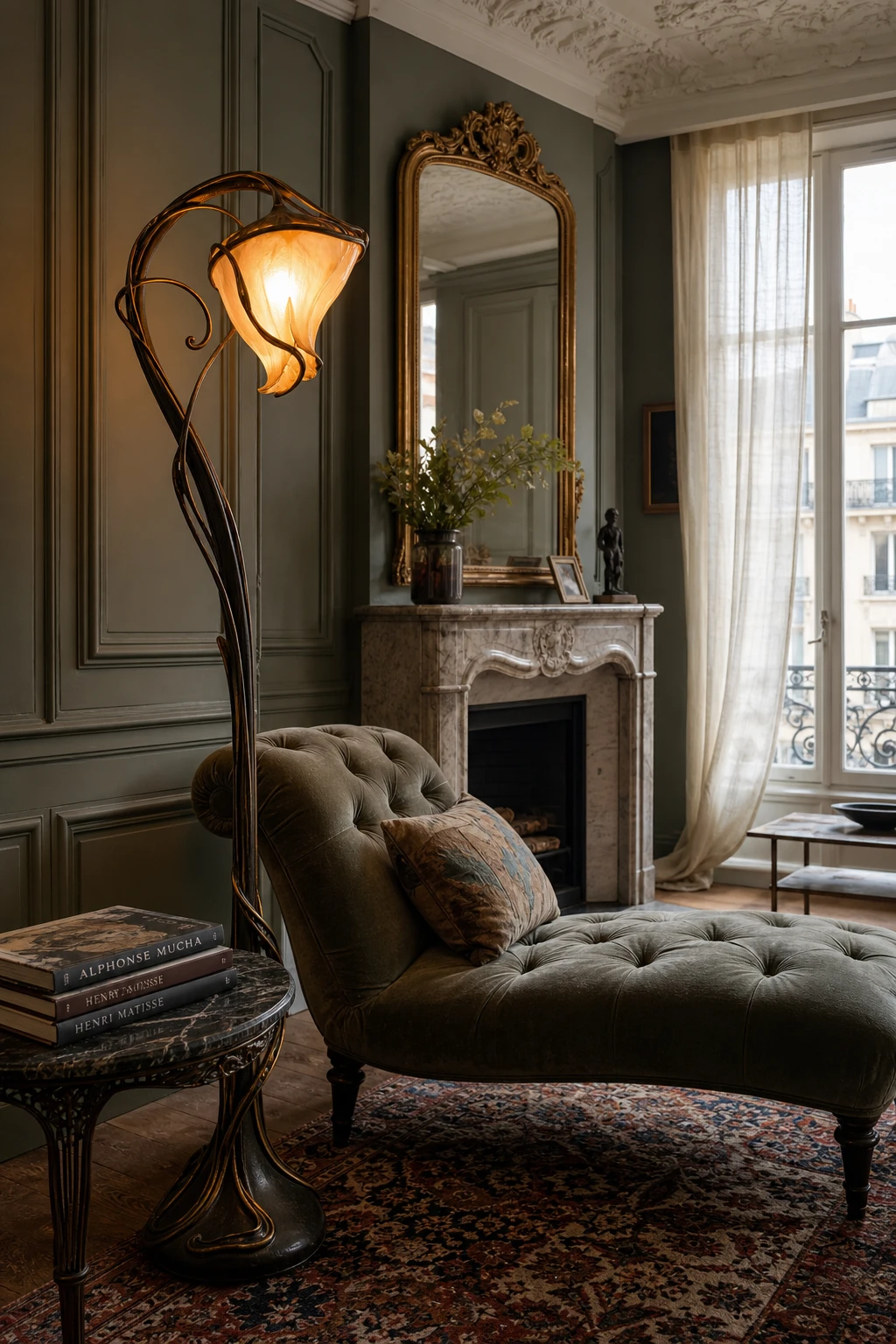 Cozy Parisian living room with an Art Nouveau floor lamp as the hero, set against Farrow and Ball Dimpse walls with plaster moldings and velvet furnishings