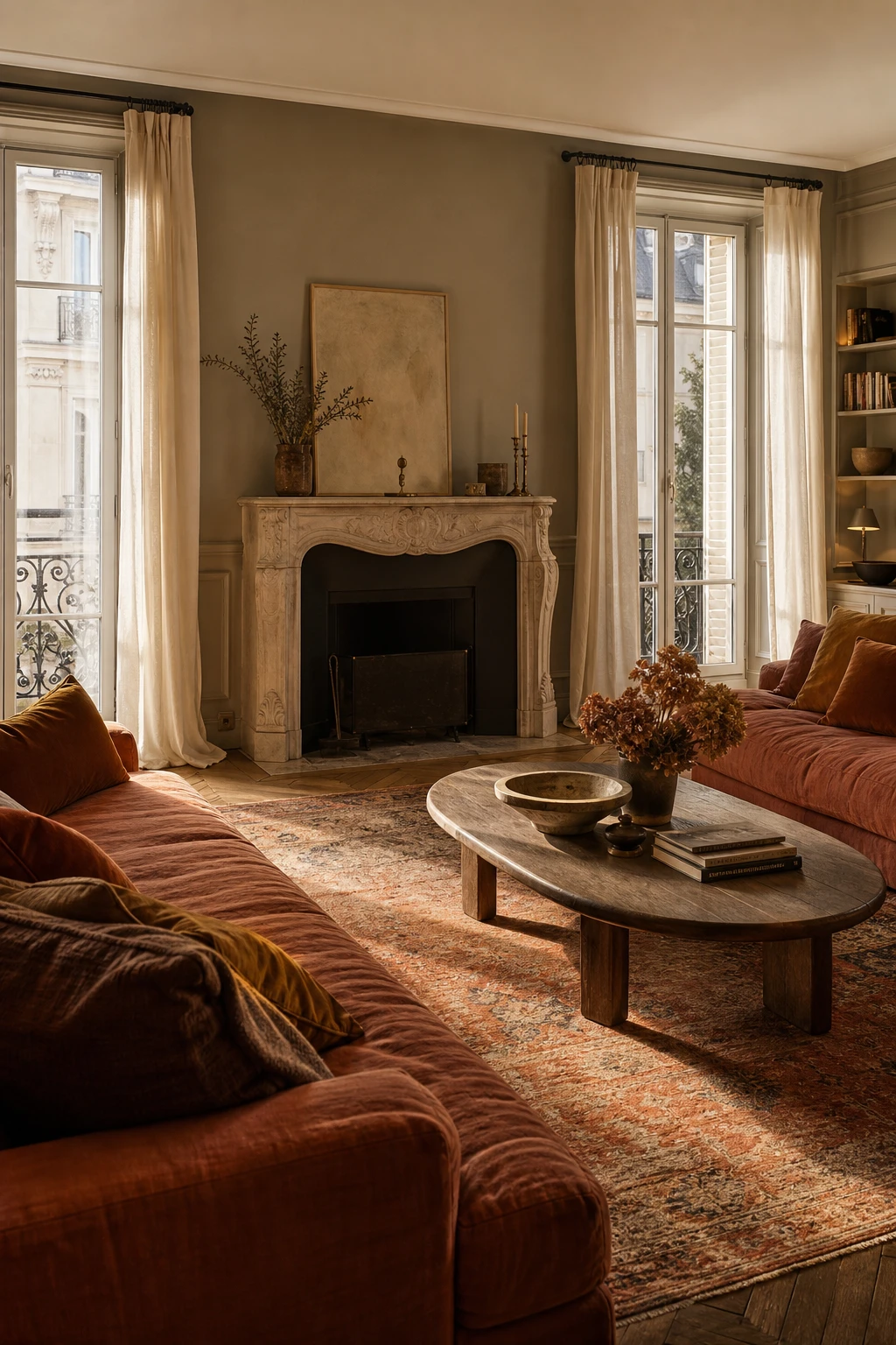 Cozy Parisian living room with an earth tone palette of warm terracotta, ochre, and deep brown, featuring linen sofas, a plaster fireplace, and aged oak floors