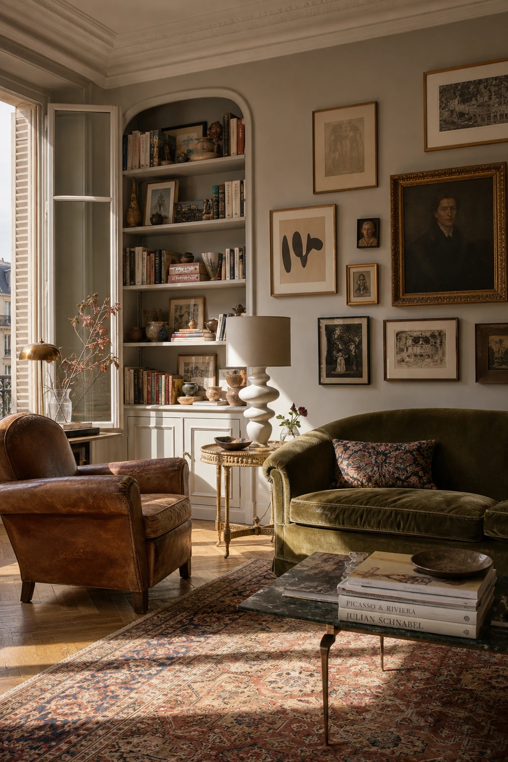 Cozy Parisian living room with an eclectic mix of eras and origins, warm Dove Tale walls, layered vintage and modern pieces, soft afternoon light