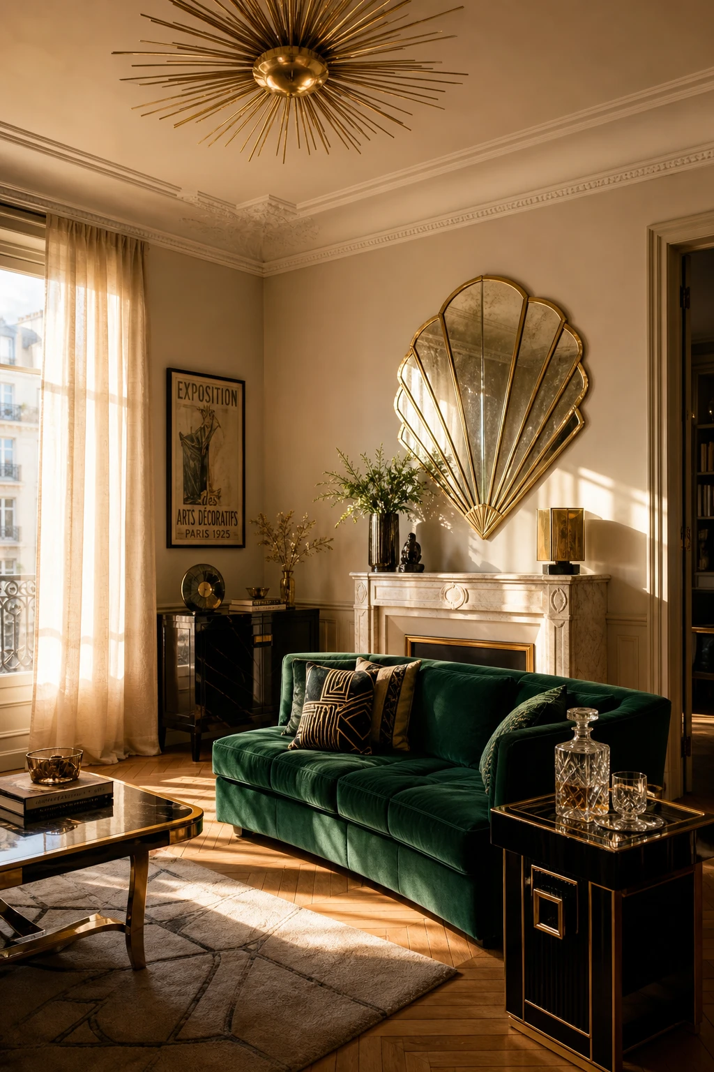 Cozy Parisian living room with Art Deco glamour featuring geometric brass details, velvet furnishings, and Farrow & Ball Elephant's Breath walls in warm neutral tones
