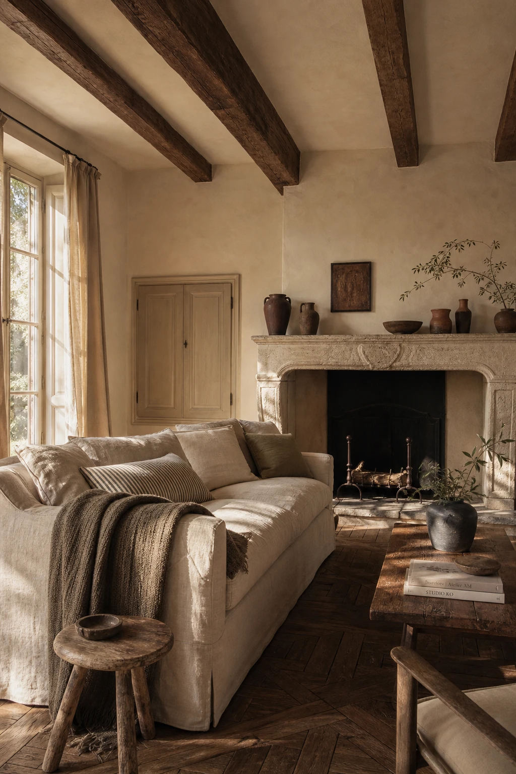 Cozy Parisian living room with French country warmth, exposed timber beams, linen sofa, stone fireplace, and warm white walls in soft afternoon light
