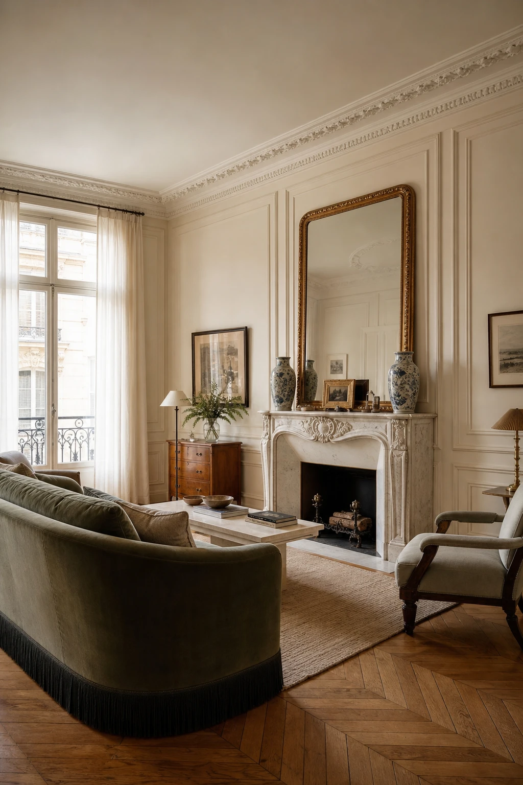 Cozy Parisian living room with Haussmann grandeur details including tall panelled walls, ornate cornice moulding, and a marble fireplace painted in warm white