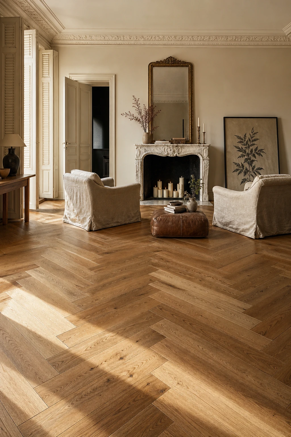 Cozy Parisian living room with herringbone oak floors as the hero, armchairs, marble fireplace, tall shuttered windows and warm neutral walls in Farrow and Ball String paint