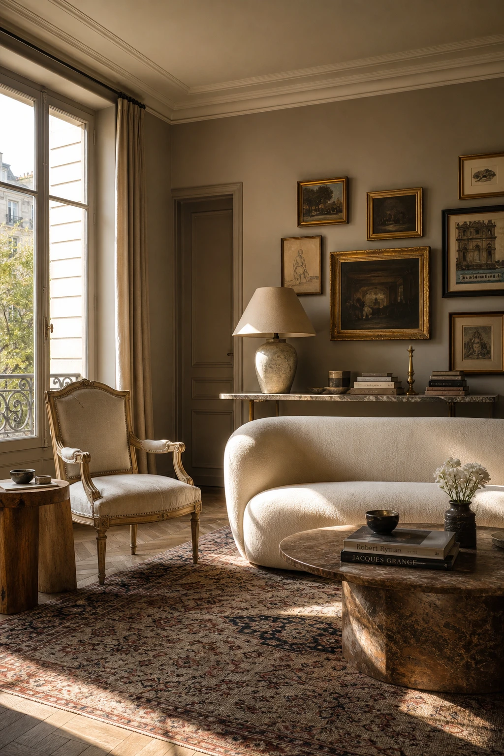 Cozy Parisian living room with intentionally mismatched furniture unified by warm neutral tones, featuring a carved armchair beside a modern sofa under soft afternoon light