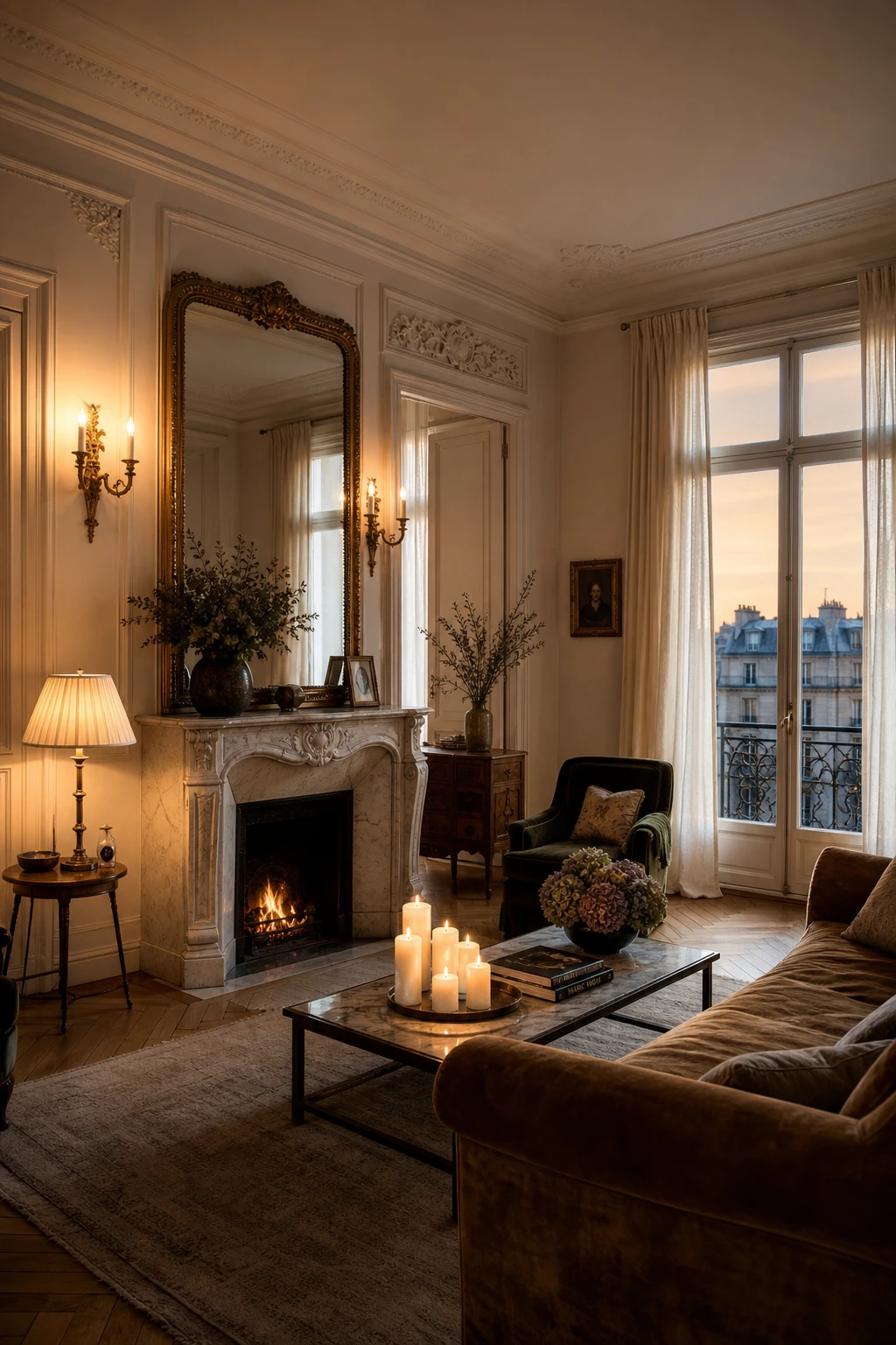 Cozy Parisian living room with layered ambient lighting from wall sconces, table lamps and candlelight warming Shadow White walls at dusk