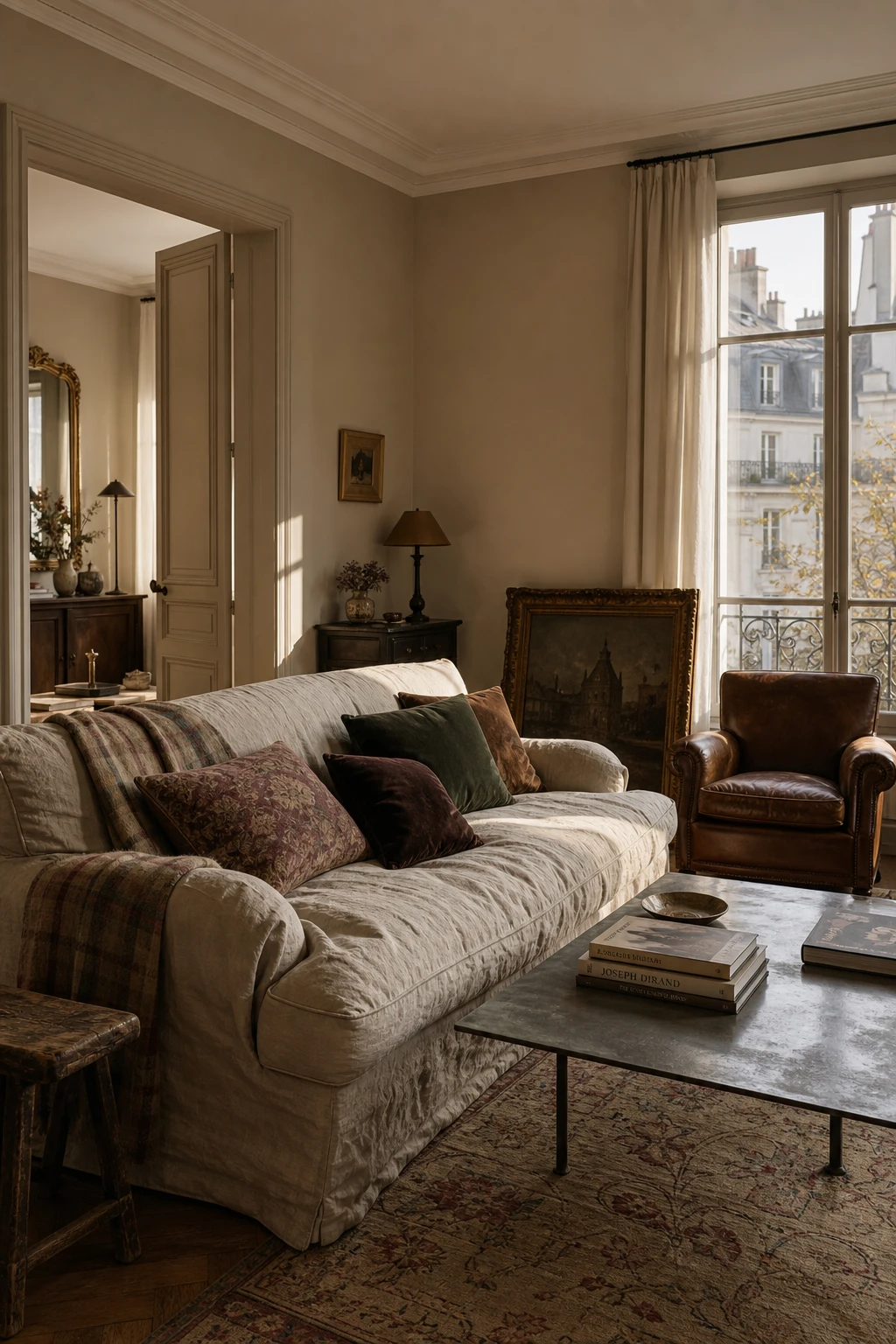 Cozy Parisian living room with layered textiles, antique furnishings, warm neutral walls, tall windows, and soft afternoon light in French style