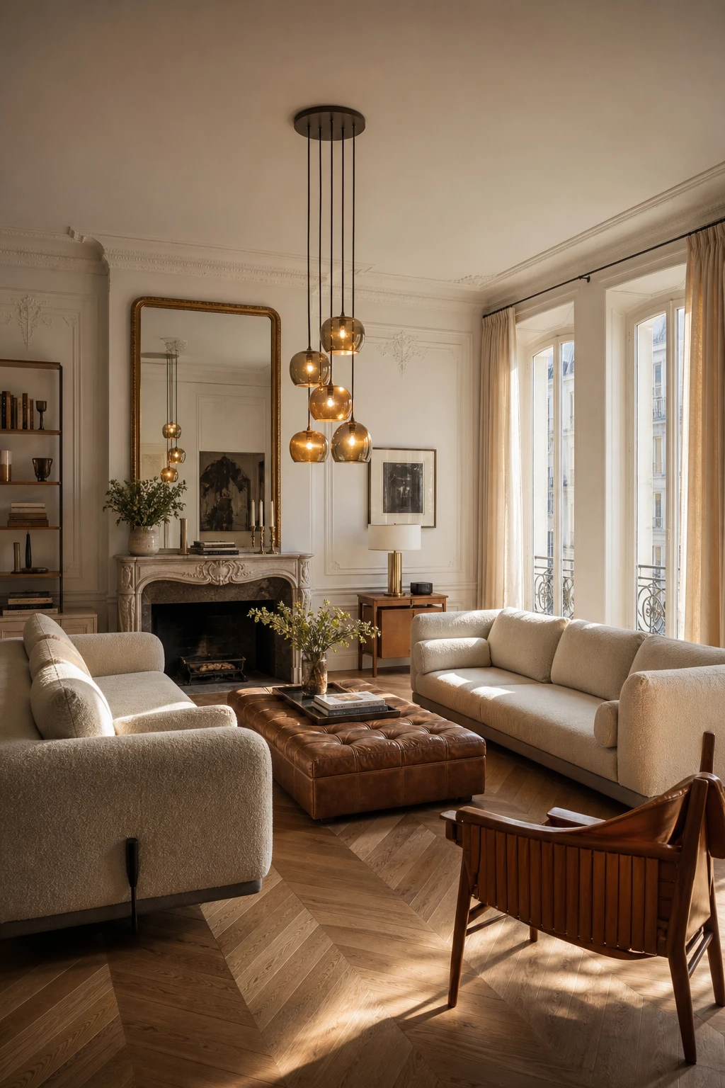 Cozy Parisian living room with modern French edit featuring clean lined furniture, warm textures, herringbone parquet floor and Cornforth White walls in soft natural light