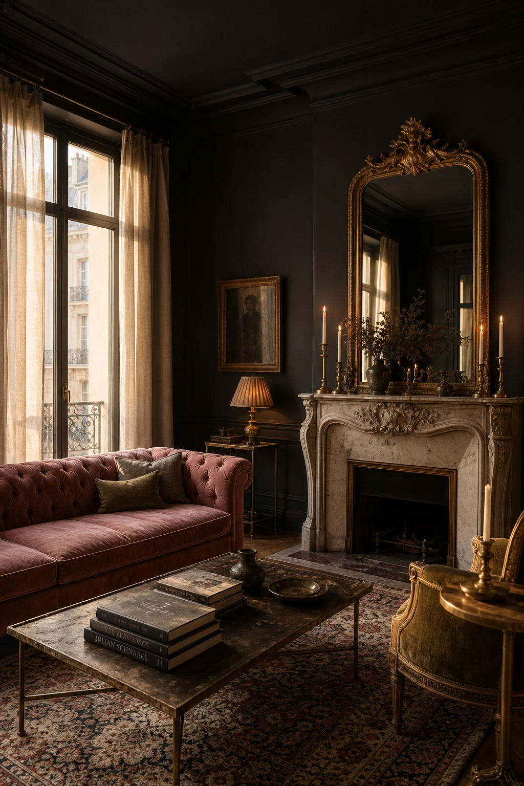 Cozy Parisian living room with moody dark walls painted in Farrow and Ball Down Pipe, glowing with candlelight, gilded mirror and plush velvet sofa
