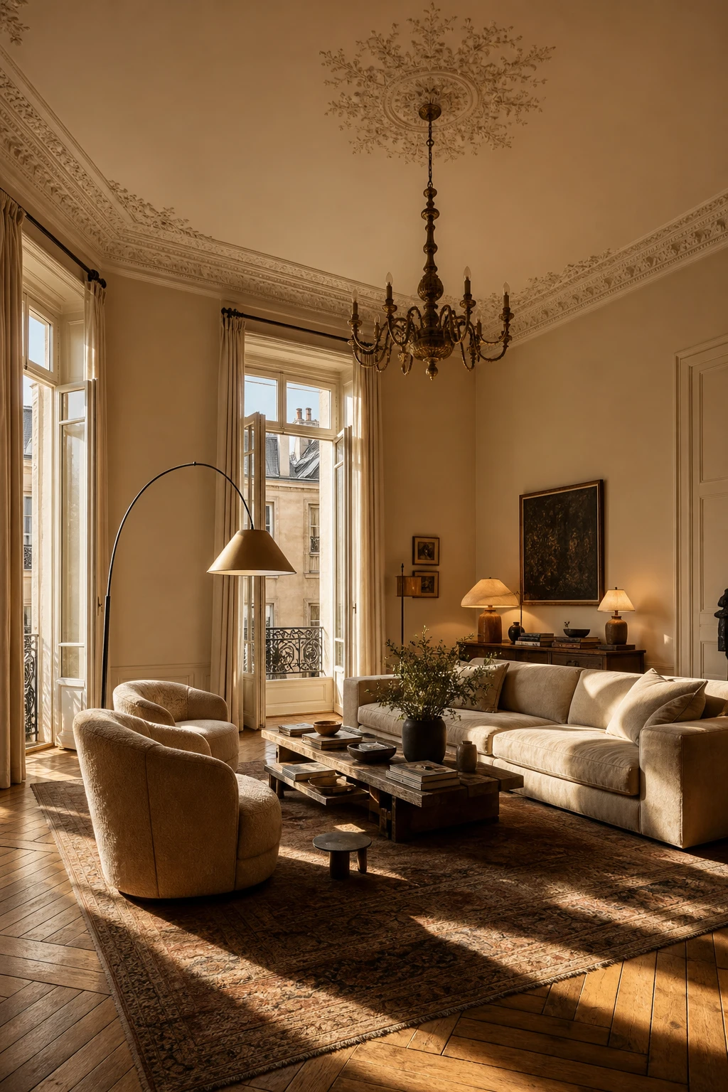 Cozy Parisian living room with tall ceilings warmed by layered lighting, low linen sofas, a sculptural floor lamp, and Farrow & Ball Tallow painted walls