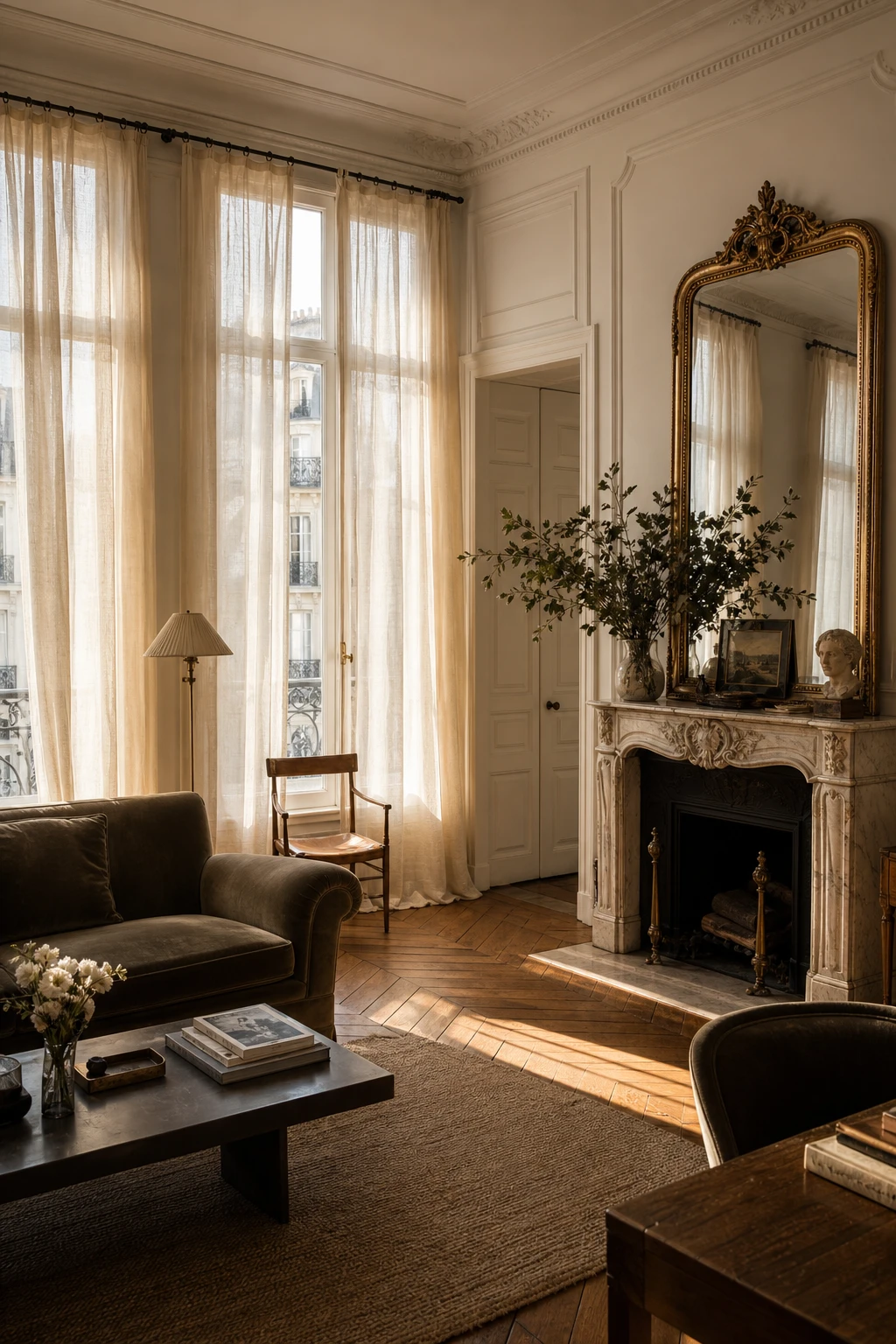 Cozy Parisian living room with tall windows dressed in sheer linen drapes, herringbone parquet floor, marble fireplace, and Farrow and Ball Strong White walls