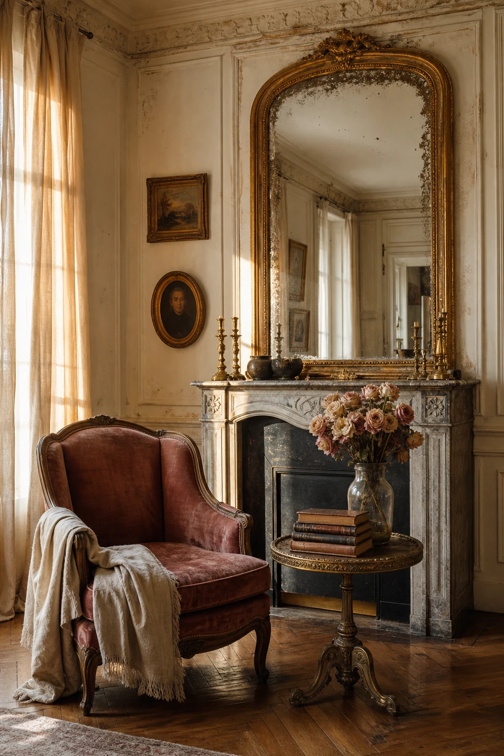 Cozy Parisian living room with vintage French patina as hero, worn gilded mirror, faded velvet armchair, aged parquet floor, and Farrow and Ball Old White painted boiserie walls