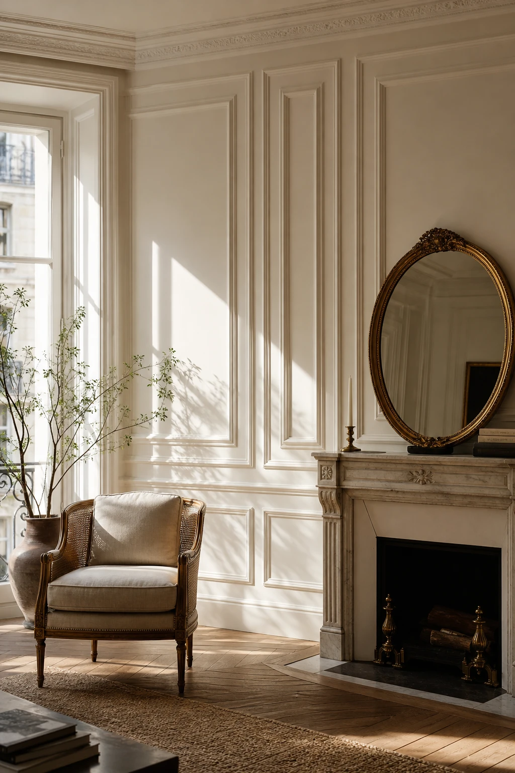 Cozy Parisian living room with wall molding as the hero, painted Farrow & Ball Skimmed Milk White, soft afternoon light, French architectural details